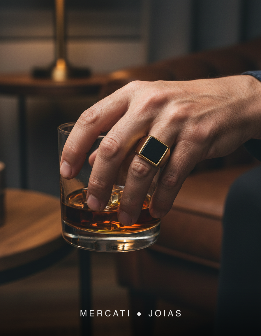 Anel Cairo Minimalista Mercati em mão masculina segurando copo de uísque à noite