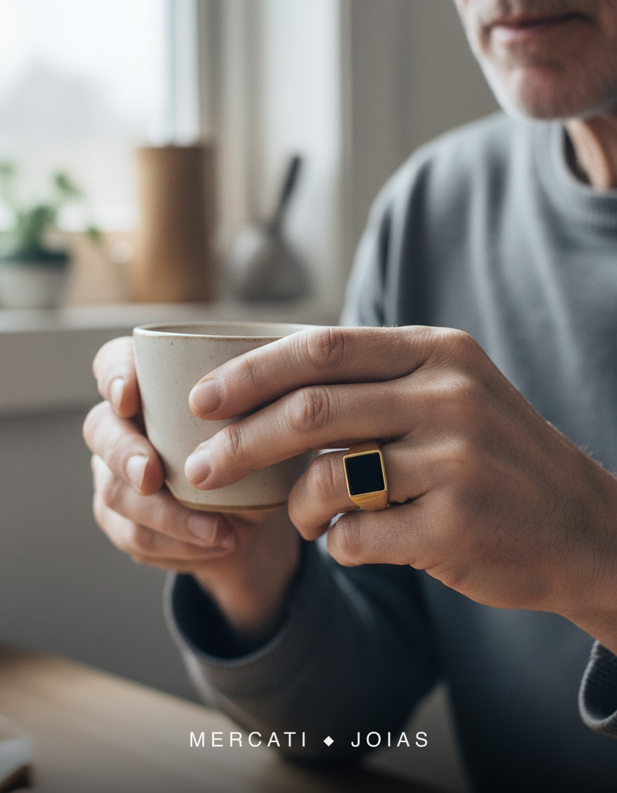 Anel Cairo Minimalista Mercati em mão masculina segurando xícara de café numa manhã tranquila