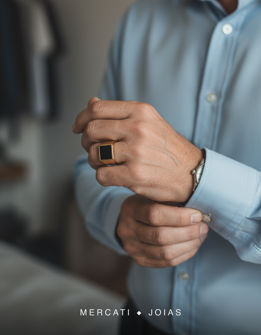Anel Cairo Minimalista Mercati em mão masculina ajustando o punho da camisa